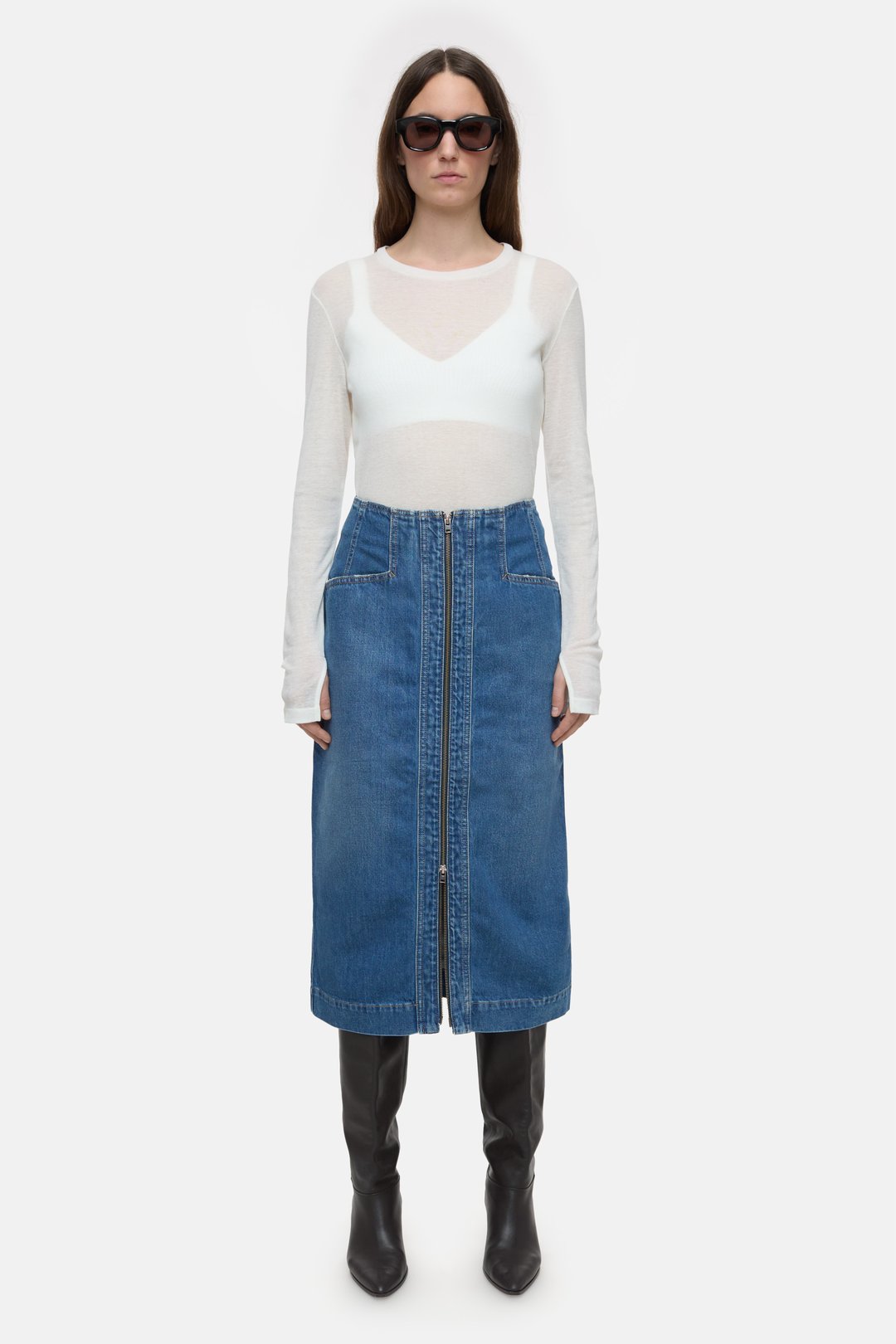 Zip through shop denim midi skirt