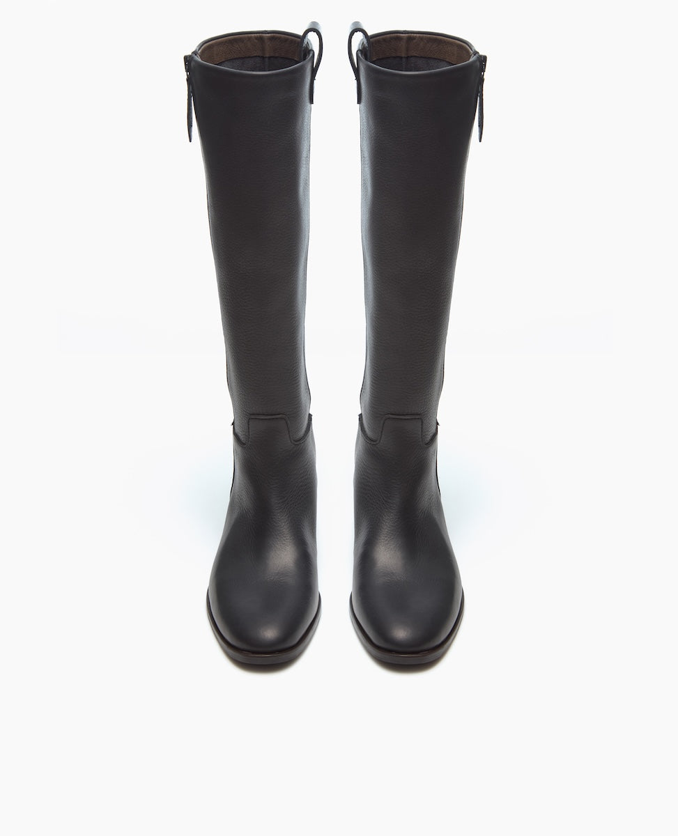 A pair of tall, black leather boots with a sleek design and pull tabs at the top, displayed against a white background.