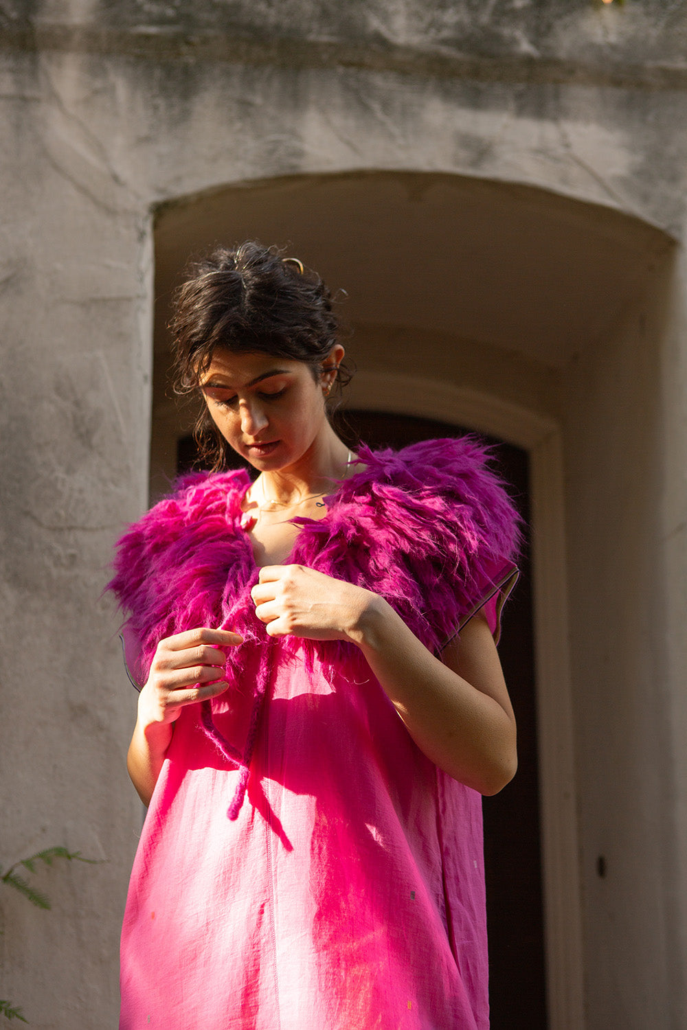 Baby Alpaca Fringe Collar in Hot Pink