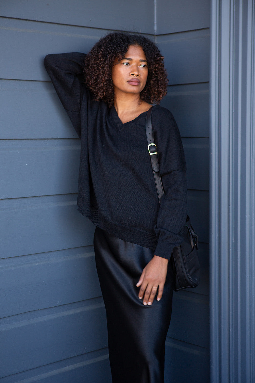 Anna Pima Cotton V Neck Pullover in Black