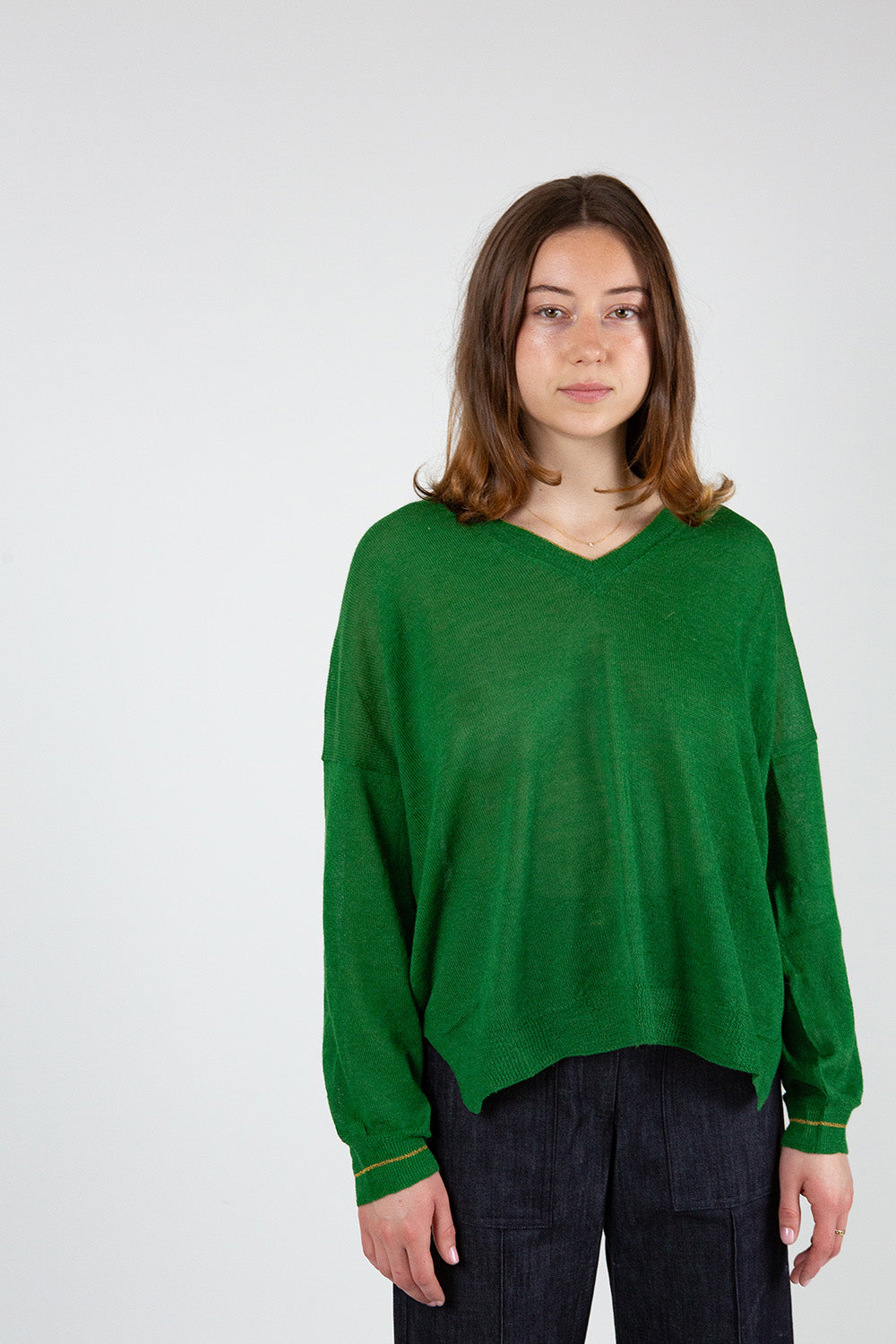 Anna Alpaca V Neck Pullover In Green/Gold