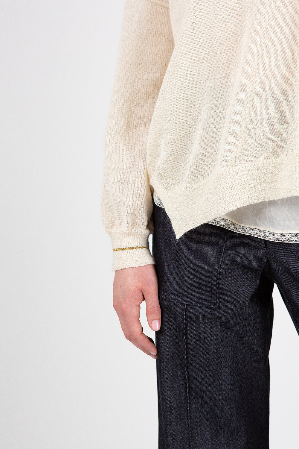 Anna Alpaca V Neck Pullover In Winter White/Gold