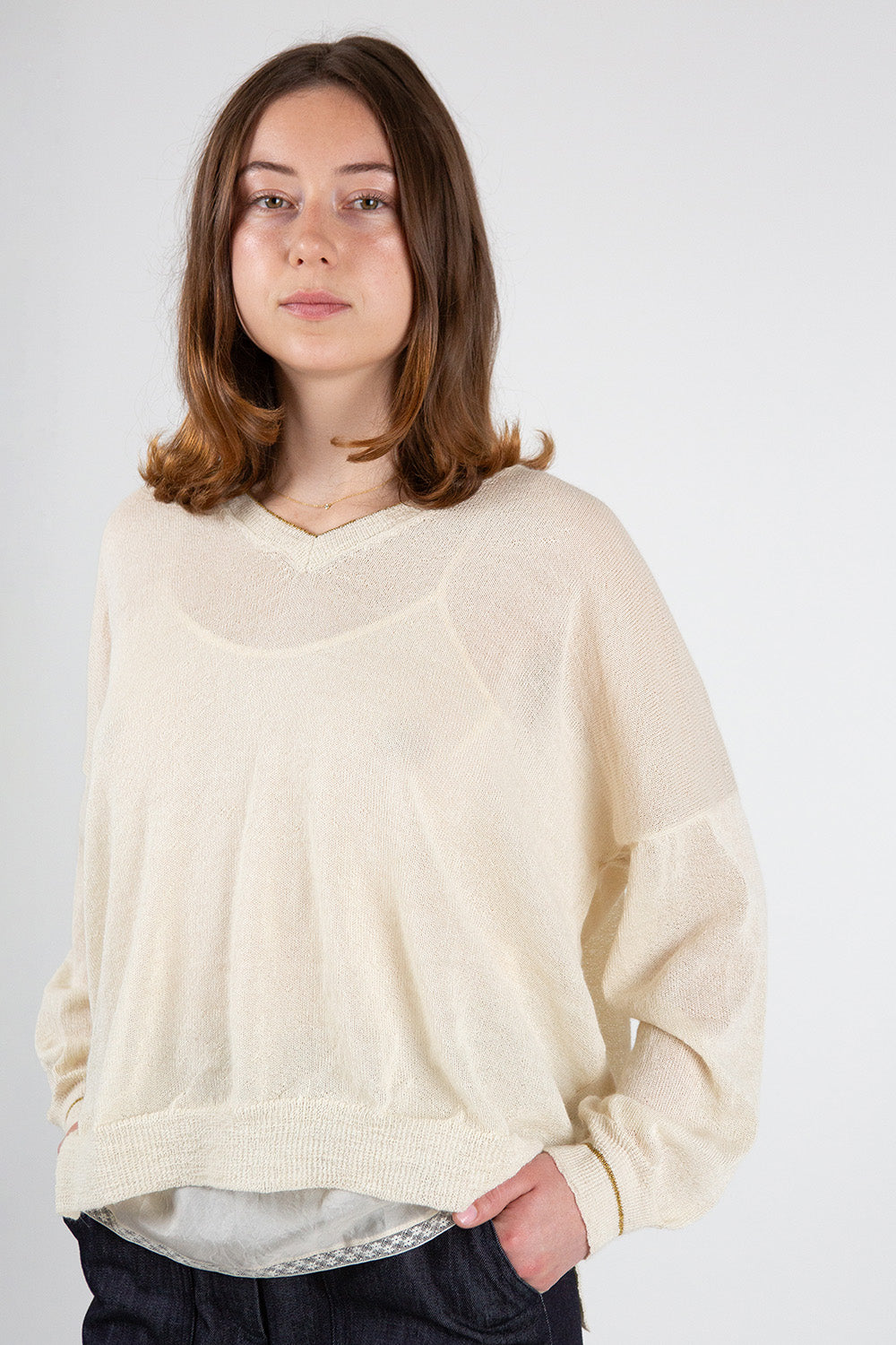 Anna Alpaca V Neck Pullover In Winter White/Gold