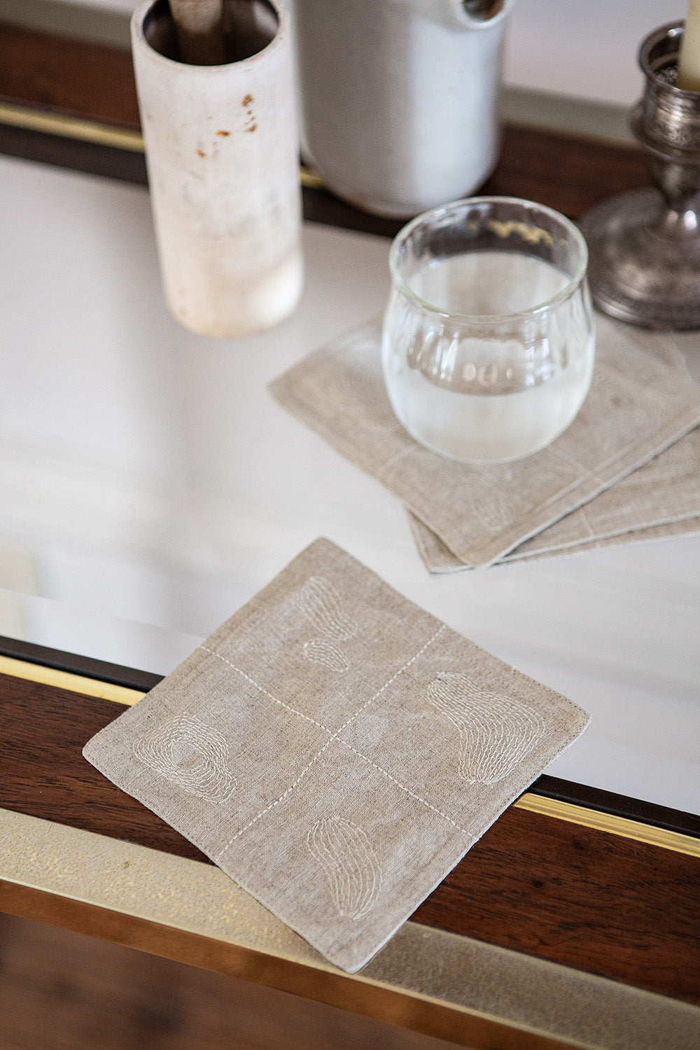 Set of 4 Linen Coasters In Natural Line Embroidery