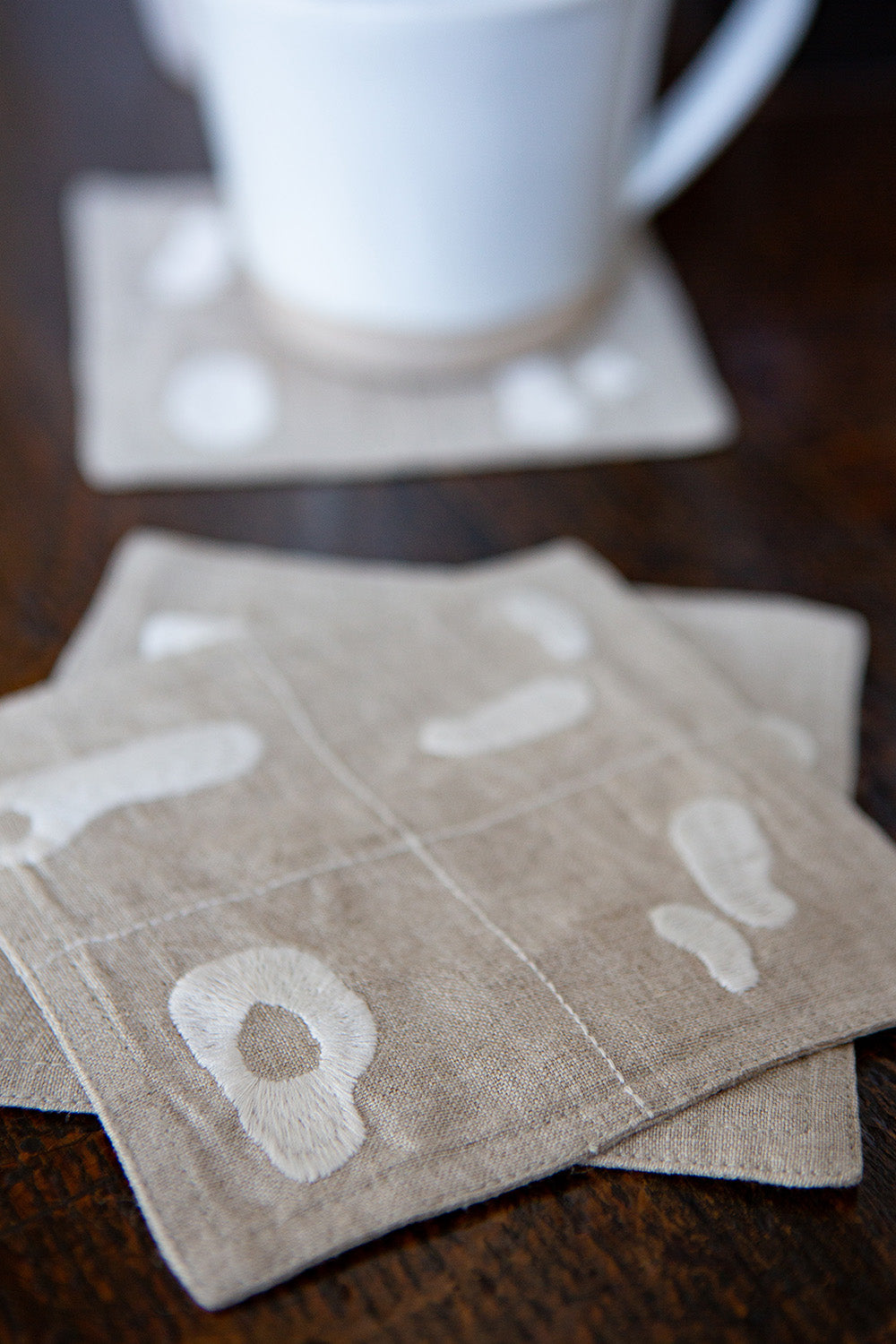 Set of 4 Linen Coasters In Natural Solid Embroidery