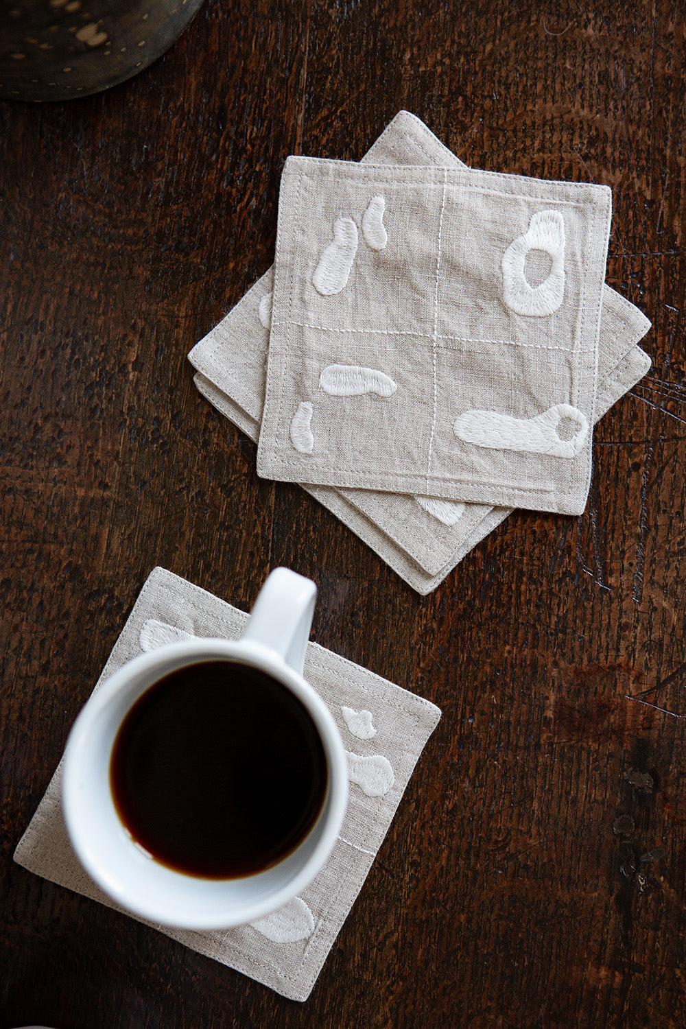 Set of 4 Linen Coasters In Natural Solid Embroidery