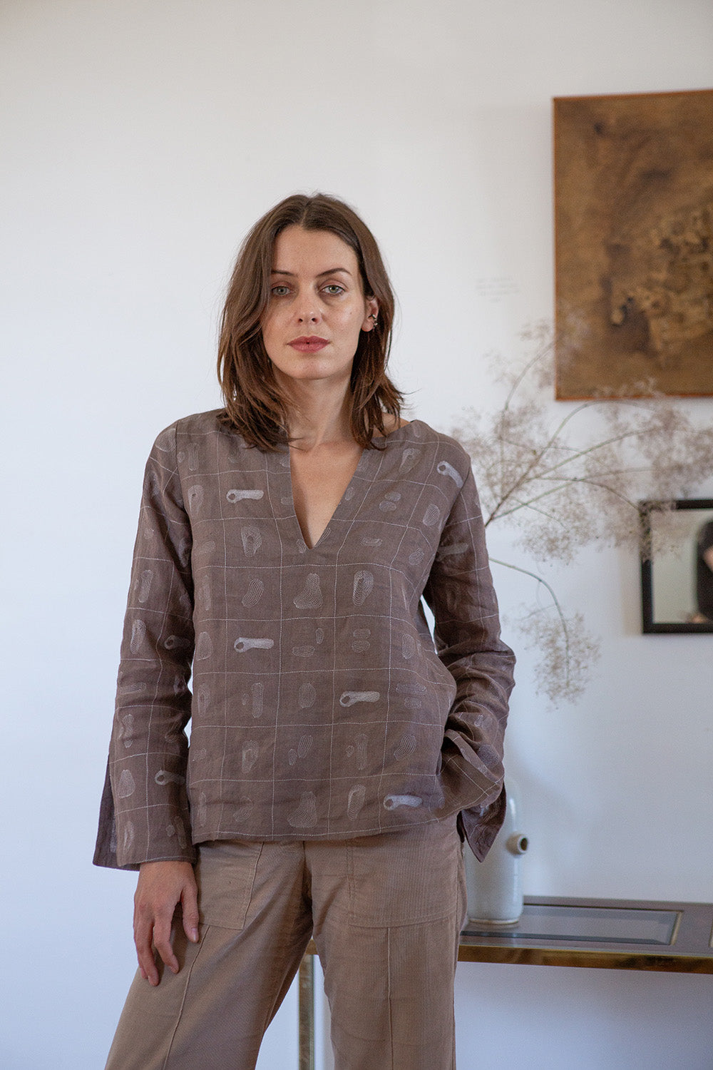 Diego Linen Top in Fig Line Embroidery