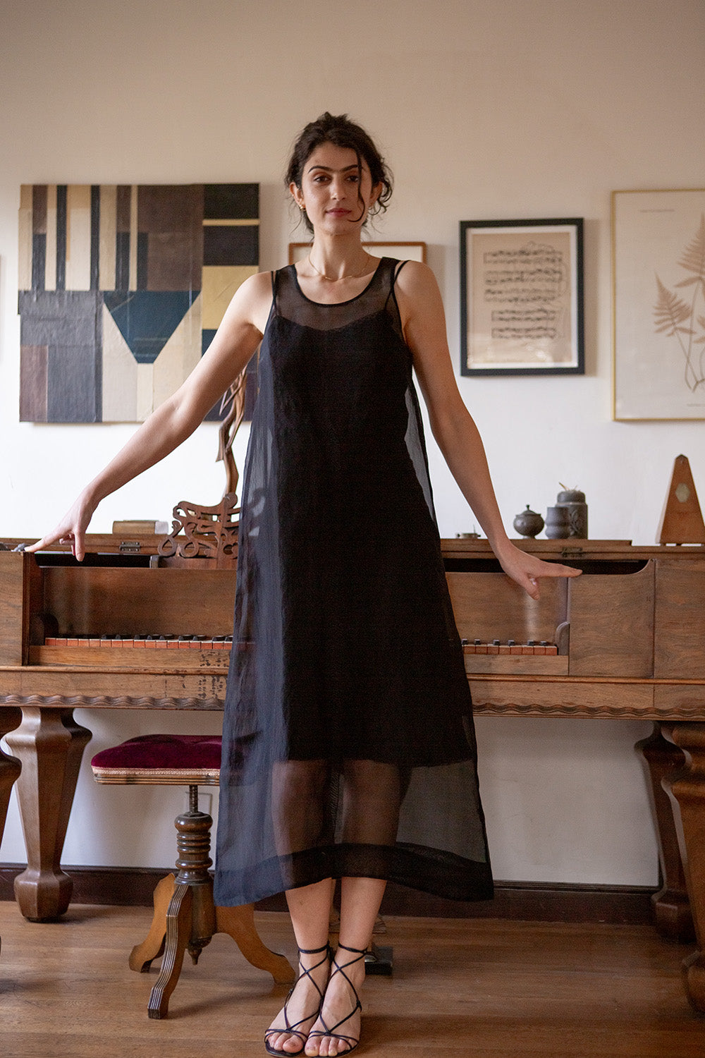 Gamine Embroidered Silk Organza Dress In Onyx