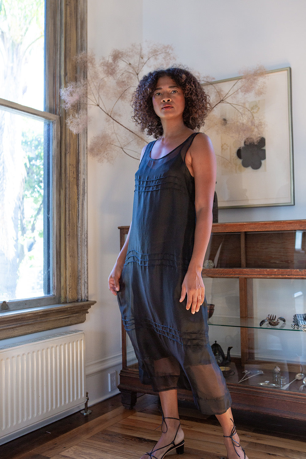 Gamine Pintuck Silk Organza Dress In Onyx