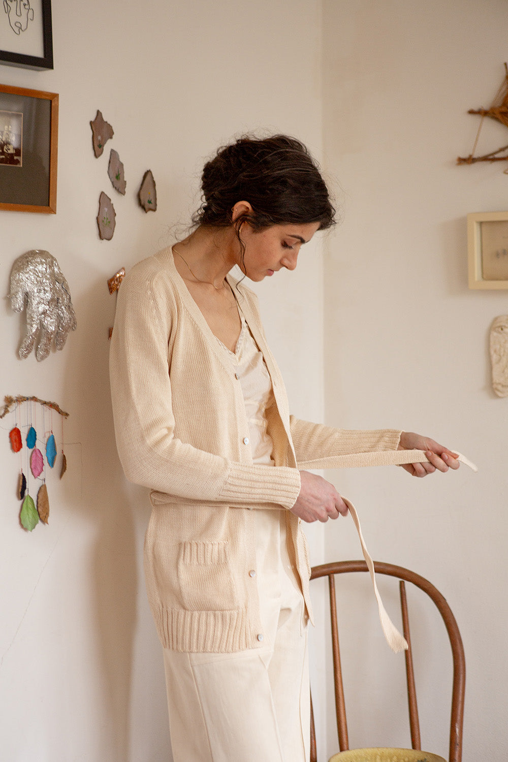 Pima Cotton Belted Cardigan in Natural