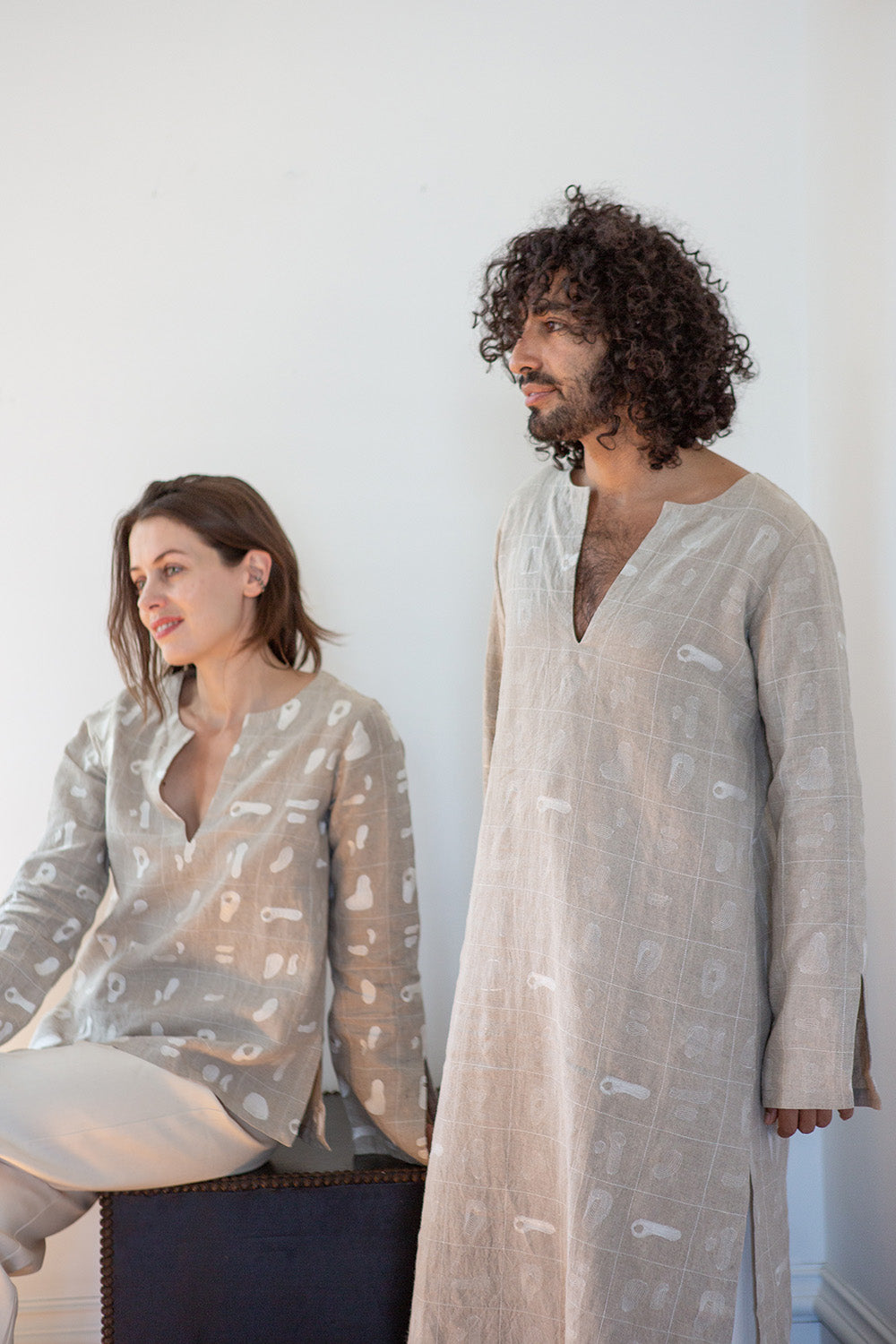 Nava Linen Caftan in Natural Line Embroidery