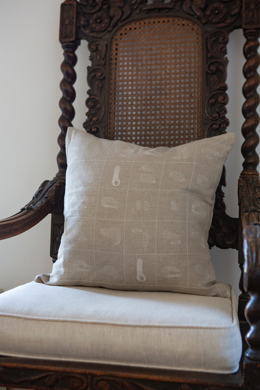 Linen Throw Pillow In Natural Line Embroidery