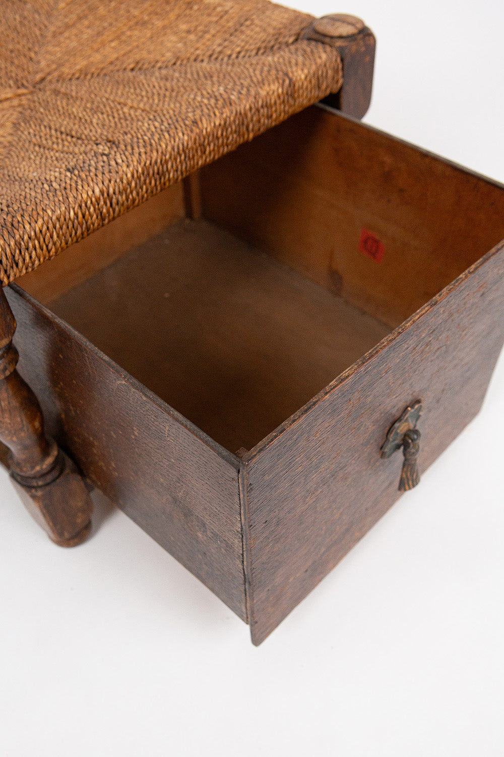 Spanish Revival Oak Rush Seat Foot Stool With Single Drawer