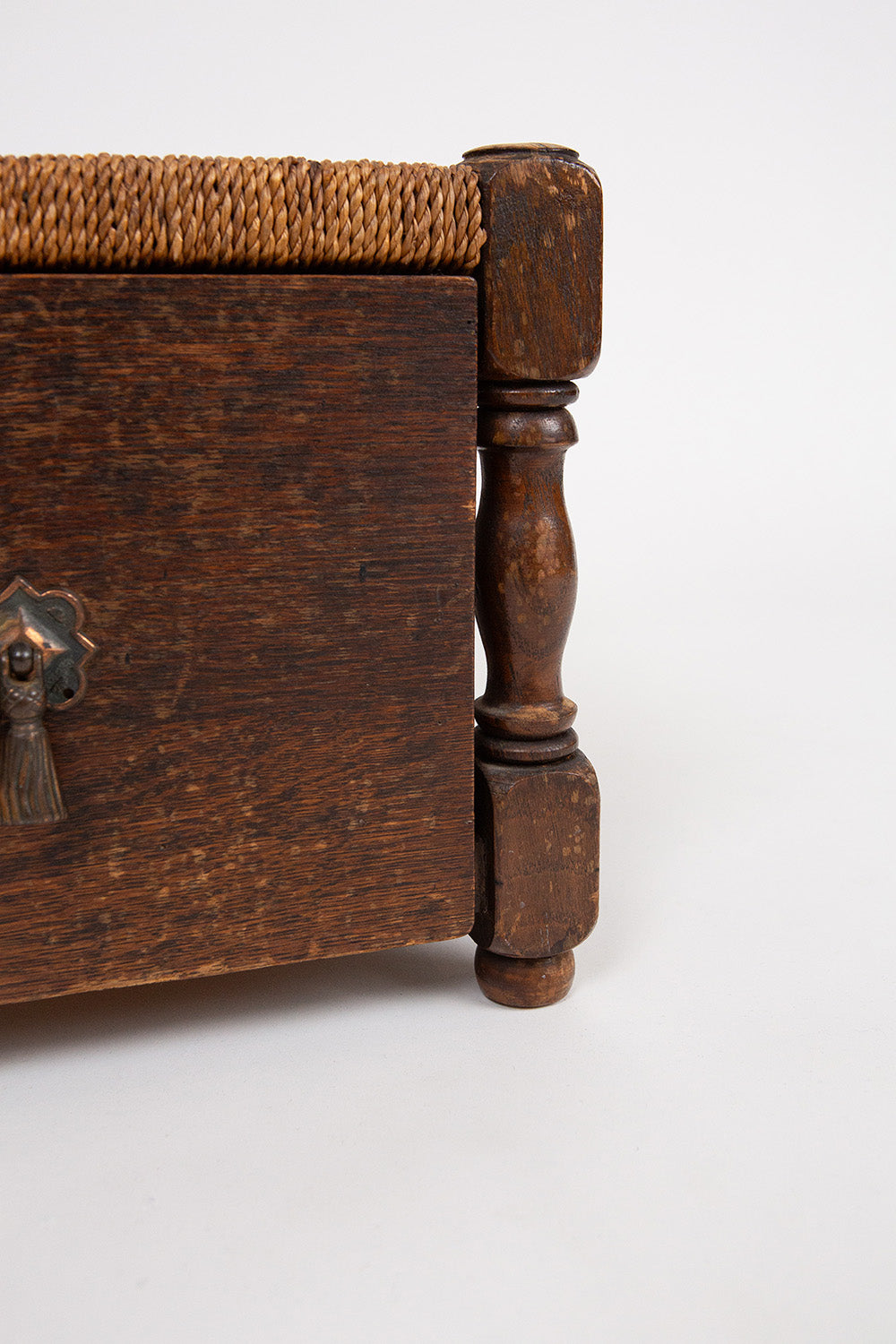 Spanish Revival Oak Rush Seat Foot Stool With Single Drawer